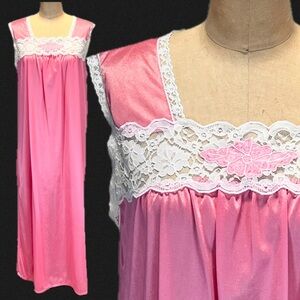 VINTAGE bubblegum pink long maxi nightgown lingerie floral lace embroidery 80s‎